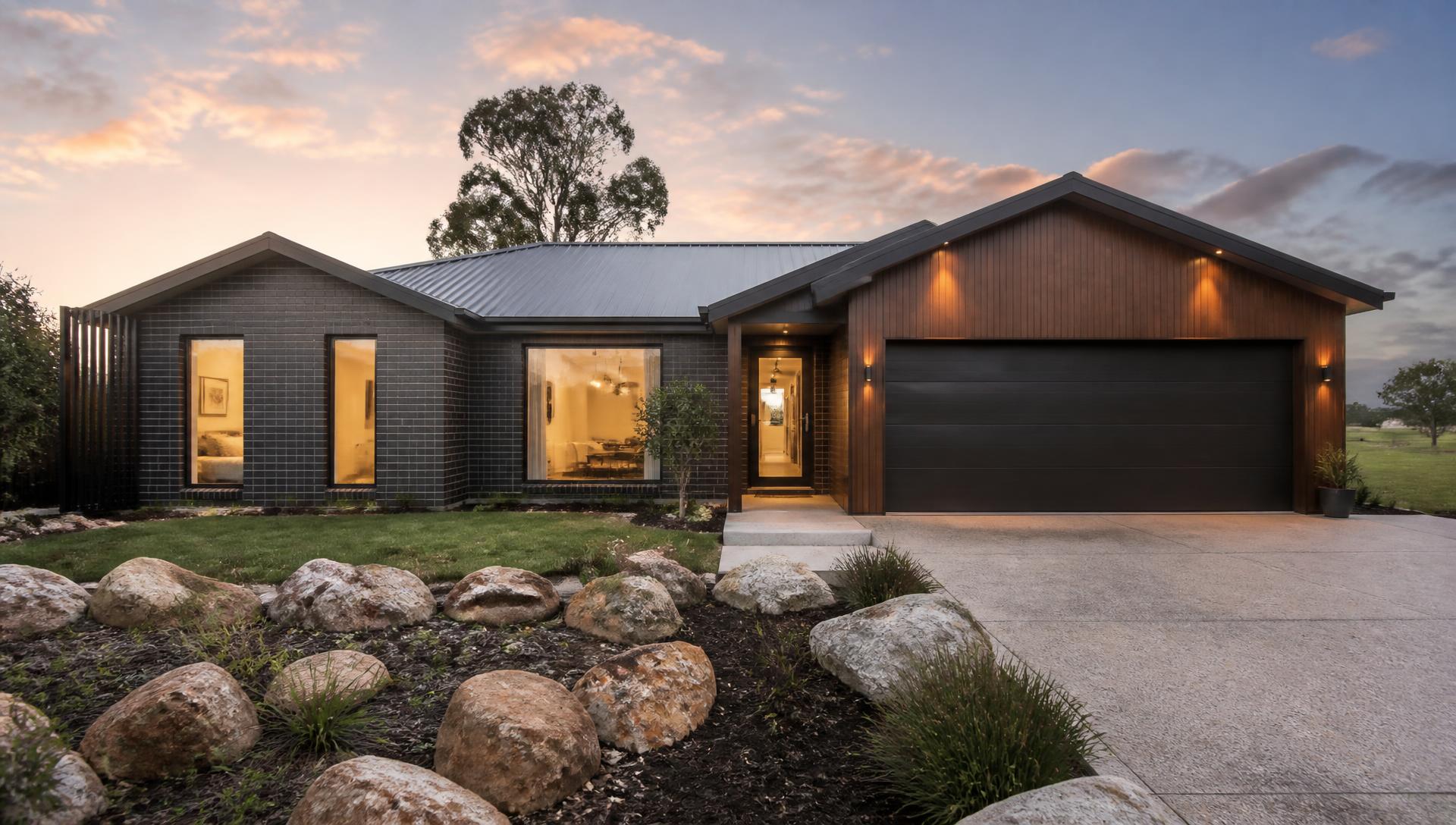 Contemporary Australian family home at dusk in a regional estate